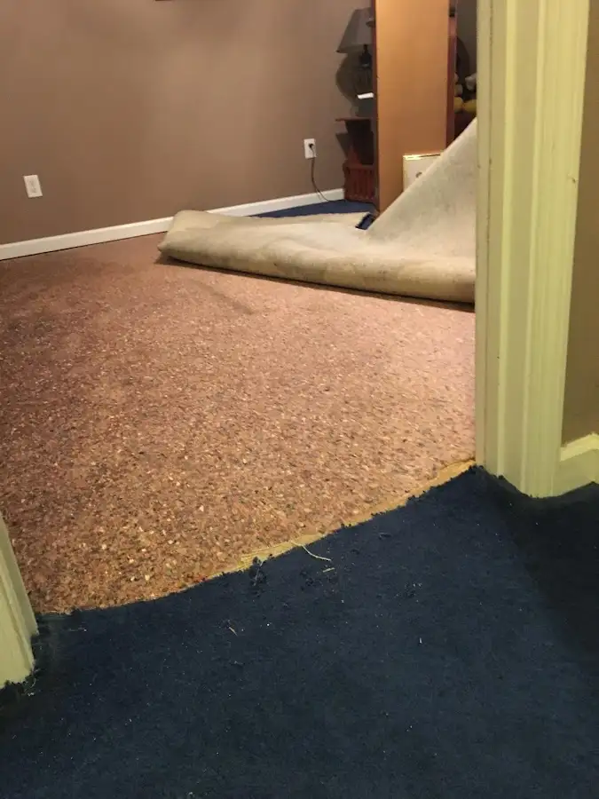 Carpet pad removal revealing water damage during Drying & Dehumidification in Concord